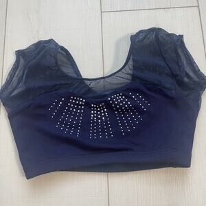 Girls Navy Blue Rhinstone Cropped Dance Sports Bra Girls 12/14y Gymnastics